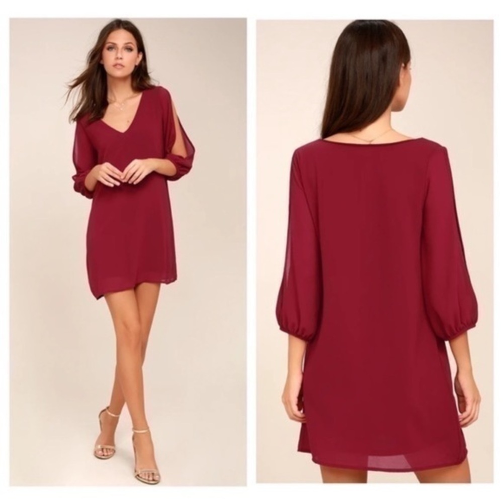 Lulu’s Shifting Dears Wine Red Long Sleeve Dress D21